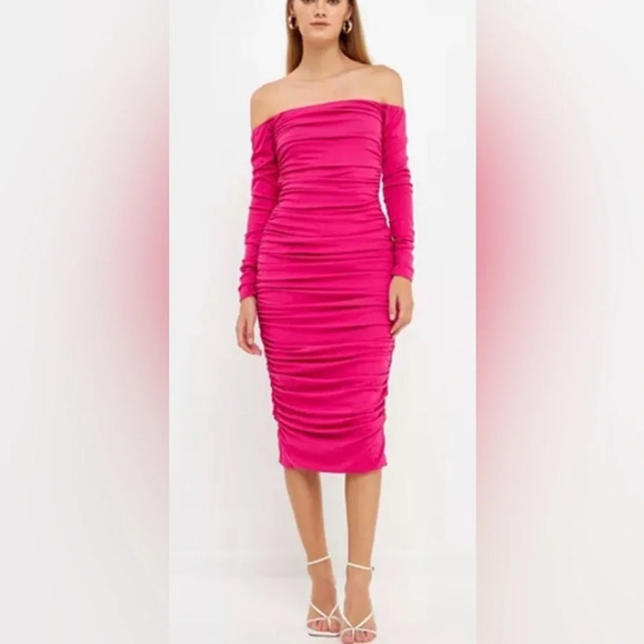 ENDLESS ROSE Women's Ruched Midi Dress in Fuchsia - Picture 1 of 5